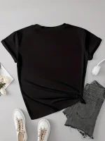 Women's Casual Crew Neck T-Shirt with Geometric Cat Print - Image 2