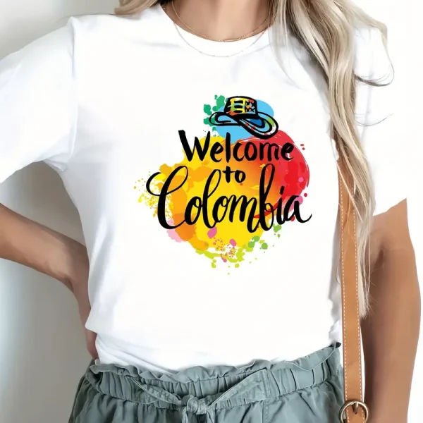 Colombia Alphabet Print Spring and Summer Casual T-shirt Round Neck Short Sleeve Sports T-shirt Women's Top