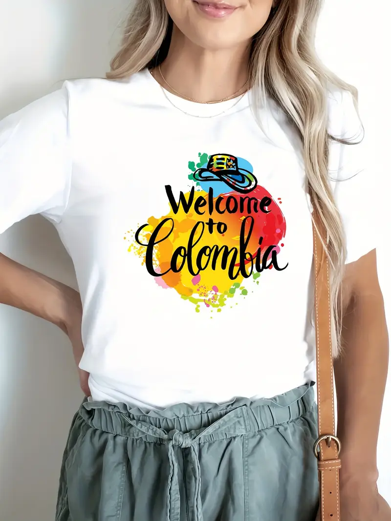 3bfe73b4-fe17-4966-b879-78cac3f5da8d Colombia Alphabet Print Spring and Summer Casual T-shirt Round Neck Short Sleeve Sports T-shirt Women's Top - Image 1