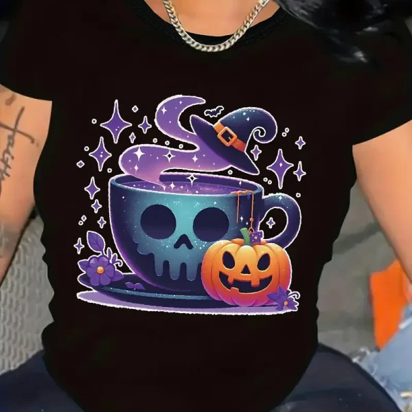 Women'S Black T-Shirt with Halloween-Themed Skull & Pumpkin Design - Short Sleeve