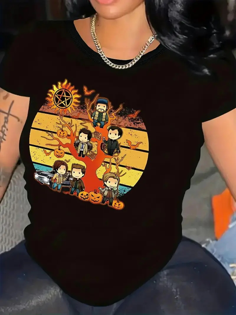 598d91cfb9134f378fb8680194299b47-goods Halloween Plus Size Women's Graphic Print Short Sleeve Crewneck T-Shirt - Image 1