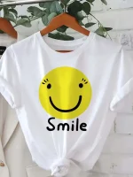 Women'S White T-Shirt with Yellow Happy Face Print
