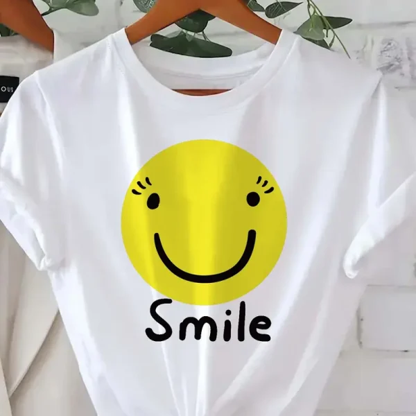 Women'S White T-Shirt with Yellow Happy Face Print