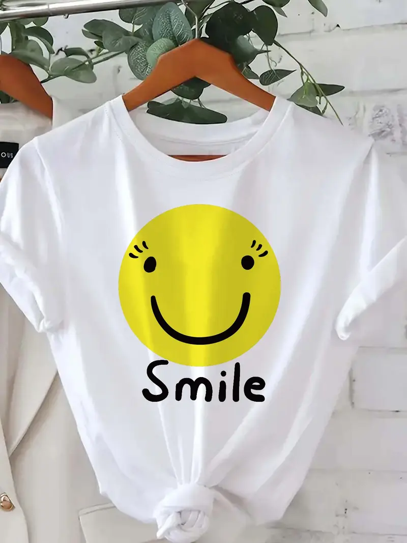 98e907c129474b868b1959742185f30a-goods Women'S White T-Shirt with Yellow Happy Face Print - Image 1