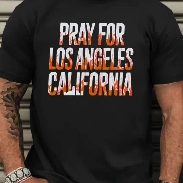 Men's Plus Size Casual Crew Neck "Pray for Los Angeles California" Graphic T-Shirt