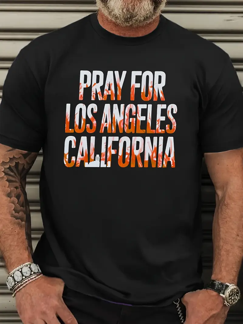 b4b8f883-27cb-4f52-8a67-d271c7f1679f Men's Plus Size Casual Crew Neck "Pray for Los Angeles California" Graphic T-Shirt - Image 1