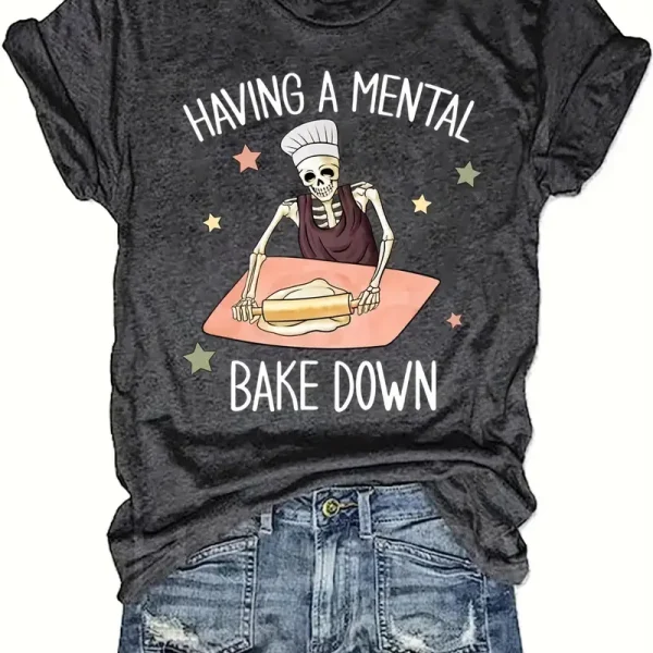 Women's Casual Crew Neck T-Shirt with Skeleton Print