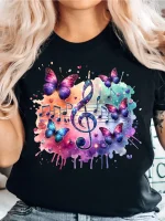 Women'S Colorful Music Note & Butterfly Print T-Shirt