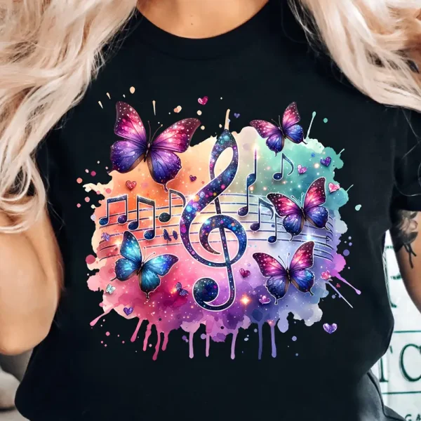 Women'S Colorful Music Note & Butterfly Print T-Shirt