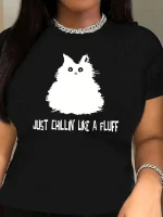 Women's Casual Crew Neck T-Shirt with Geometric Cat Print