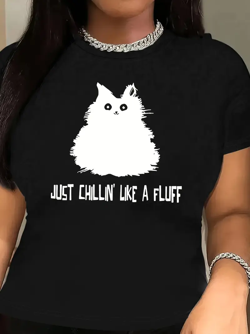 f0b783eb-98cb-40ab-910a-df351ced4629 Women's Casual Crew Neck T-Shirt with Geometric Cat Print - Image 1