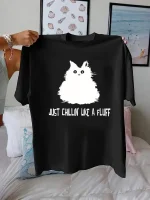 Women's Casual Crew Neck T-Shirt with Geometric Cat Print - Image 3