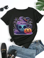 Women'S Black T-Shirt with Halloween-Themed Skull & Pumpkin Design - Short Sleeve - Image 2